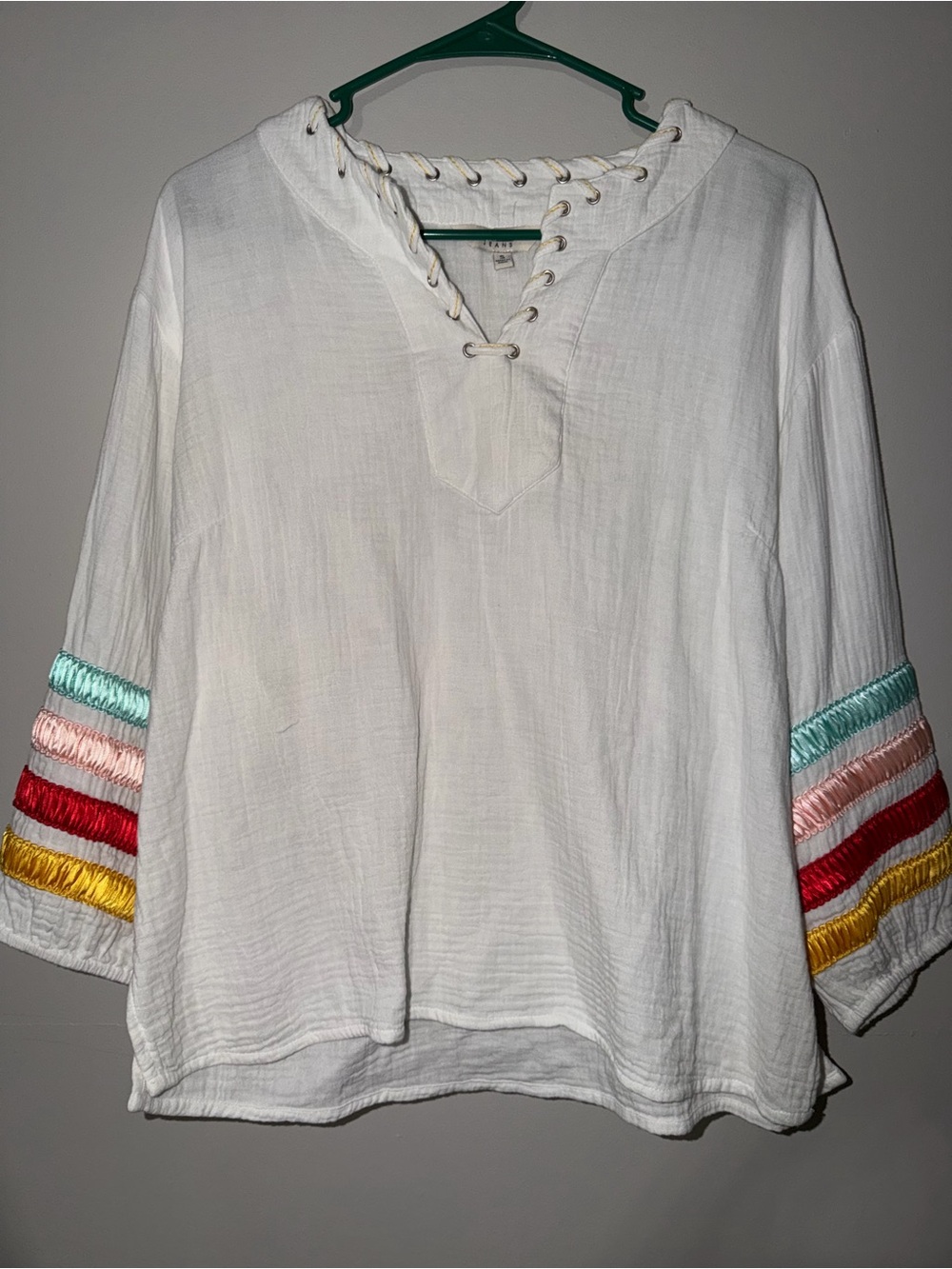 Tru Luxe Jeans White Lace-Up Tunic with Multi-Color Sleeve Stripes